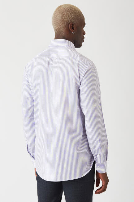 Erkek Lila Desenli Regular Fit Pamuk Spor Gömlek (1)