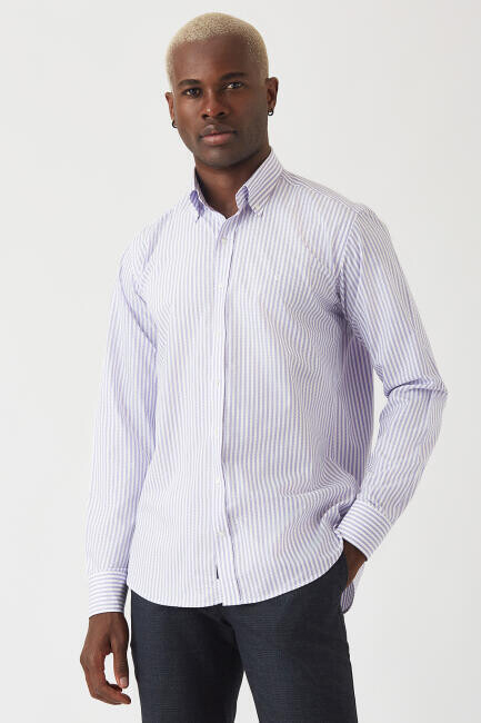 Erkek Lila Desenli Regular Fit Pamuk Spor Gömlek