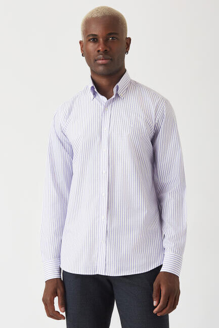 Erkek Lila Desenli Regular Fit Pamuk Spor Gömlek - 4