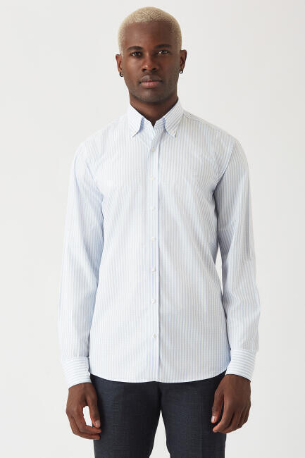 Erkek Mavi Desenli Regular Fit Uzun Kol Gömlek 