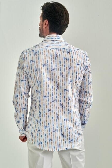 Erkek Mavi Desenli Slim Fit Pamuk Spor Gömlek (1)