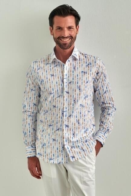 Erkek Mavi Desenli Slim Fit Pamuk Spor Gömlek - 1