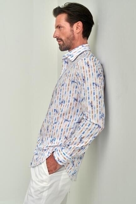 Erkek Mavi Desenli Slim Fit Pamuk Spor Gömlek - 4