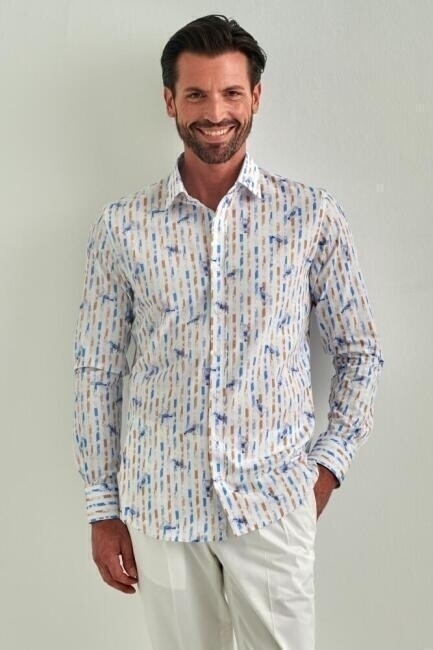 Erkek Mavi Desenli Slim Fit Pamuk Spor Gömlek - 6