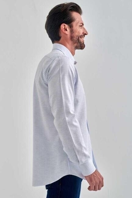 Erkek Mavi Keten Karışımlı Düğmeli Yaka Regular Fit Spor Gömlek - 4