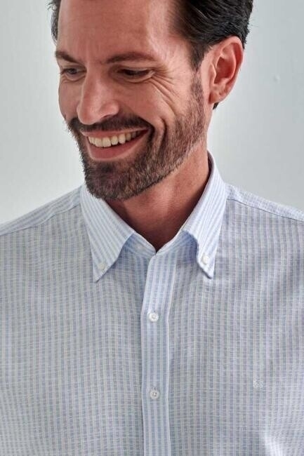 Erkek Mavi Keten Karışımlı Düğmeli Yaka Regular Fit Spor Gömlek - 3