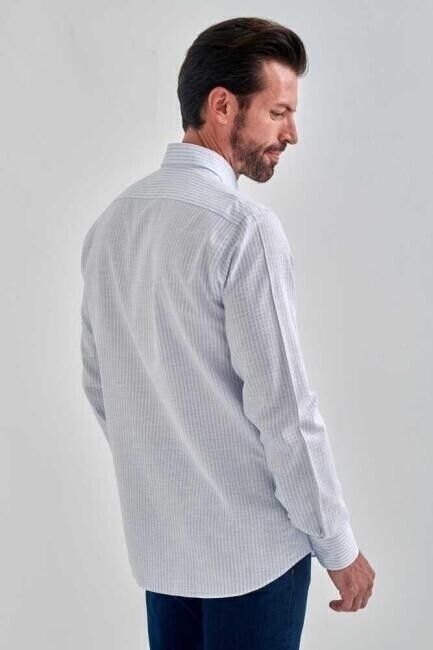 Erkek Mavi Keten Karışımlı Düğmeli Yaka Regular Fit Spor Gömlek (1)