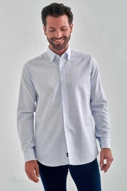 Erkek Mavi Keten Karışımlı Düğmeli Yaka Regular Fit Spor Gömlek - 1