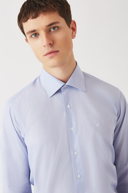 Erkek Mavi Klasik Regular Fit Erkek Uzun Kollu Gömlek - 3