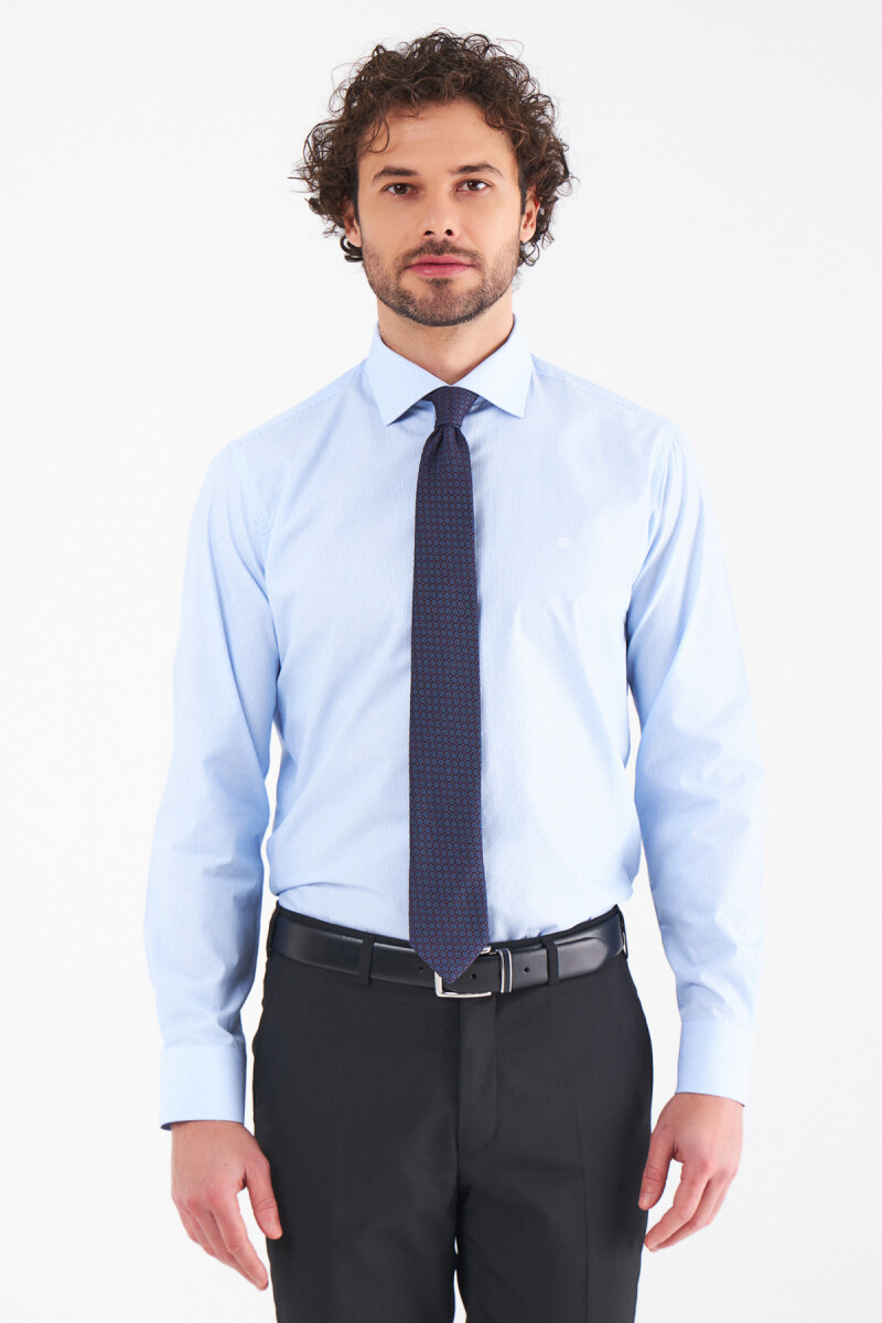 Erkek Mavi Pamuk Regular Fit İtalyan Yaka Klasik Gömlek - 6