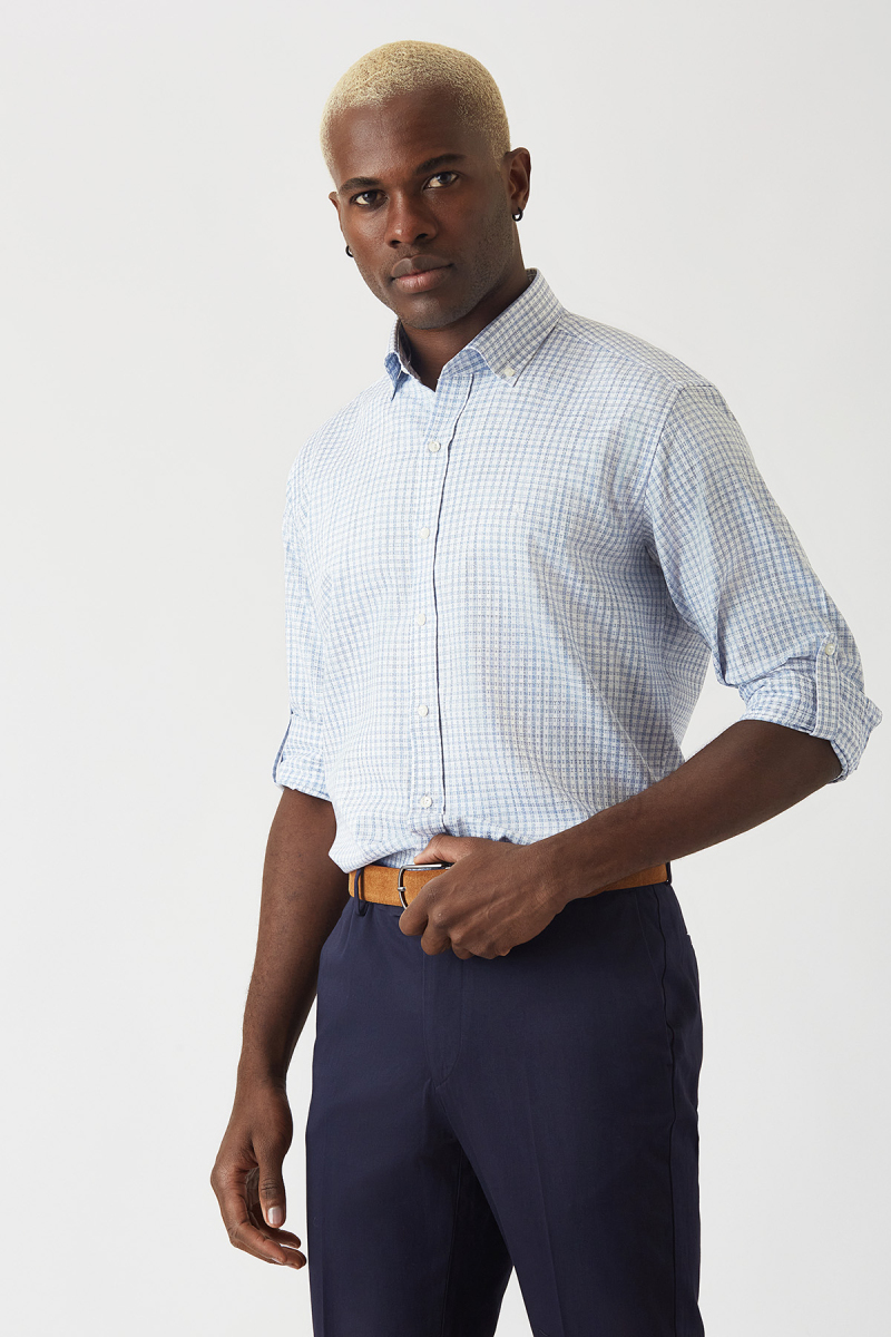 Erkek Mavi Pamuk Regular Fit Spor Gömlek