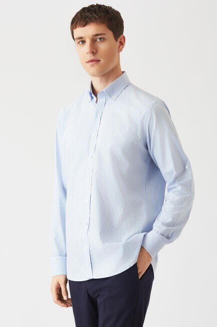 Erkek Mavi Pamuk Regular Fit Uzun Kol Spor Gömlek - 1
