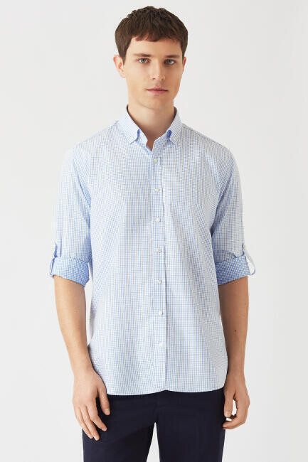 Erkek Mavi Pamuk Regular Fit Uzun Kol Spor Gömlek - 4