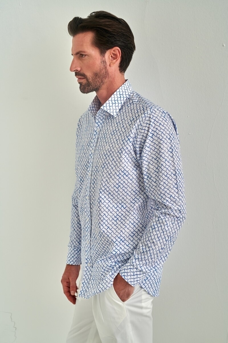 Erkek Mavi Regular Fit Klasik Yaka Uzun Kollu Spor Gömlek - 3