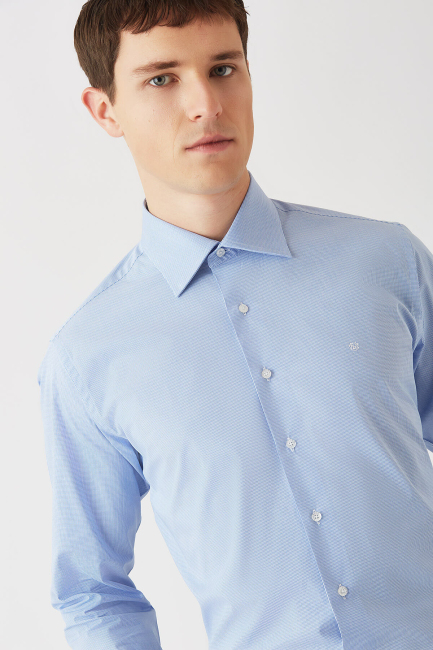 Erkek Mavi Regular Fit Likralı Klasik Gömlek - 3