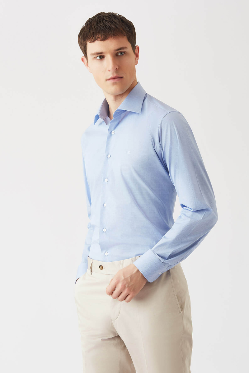 Erkek Mavi Regular Fit Likralı Klasik Gömlek - 4