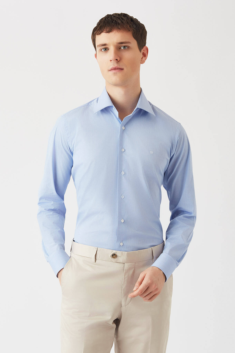 Erkek Mavi Regular Fit Likralı Klasik Gömlek