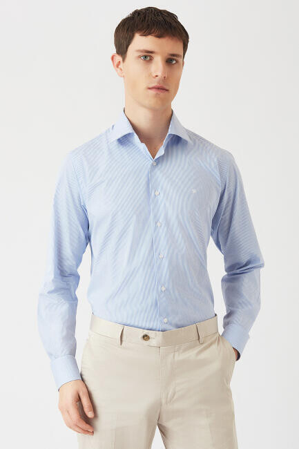 Erkek Mavi Regular Fit Likralı Ofis Tarzı Klasik Gömlek