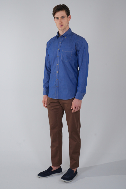 Erkek Mavi Regular Fit Paşa Yaka Tek Cep Gömlek - 5