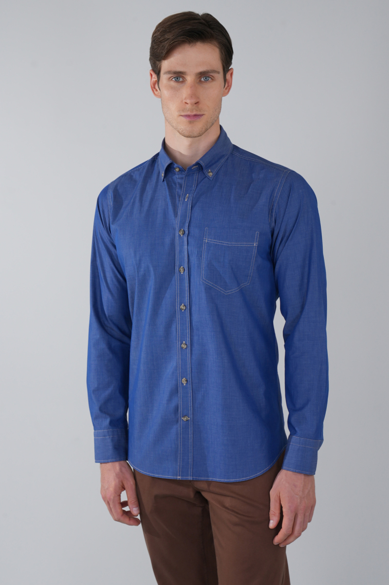 Erkek Mavi Regular Fit Paşa Yaka Tek Cep Gömlek - 4