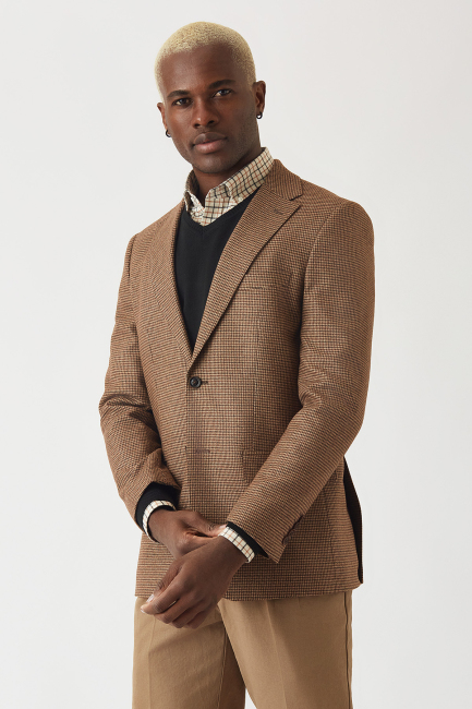 Erkek Modern Fit Mono Yaka 2 Düğmel Çift Yırtmaçlı Ceket Camel - 1