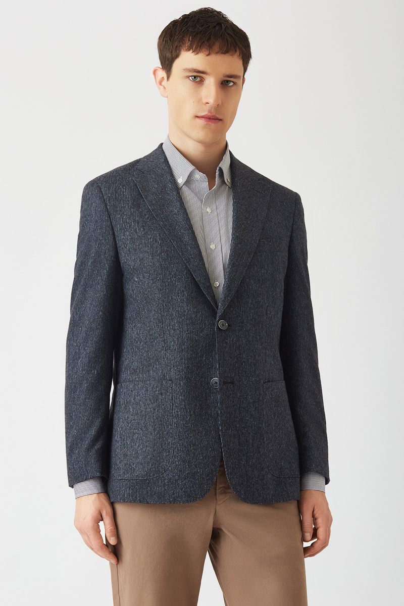 Erkek Modern Fit Mono Yaka 2 Düğmeli Çift Yırtmaçlı Ceket Lacivert