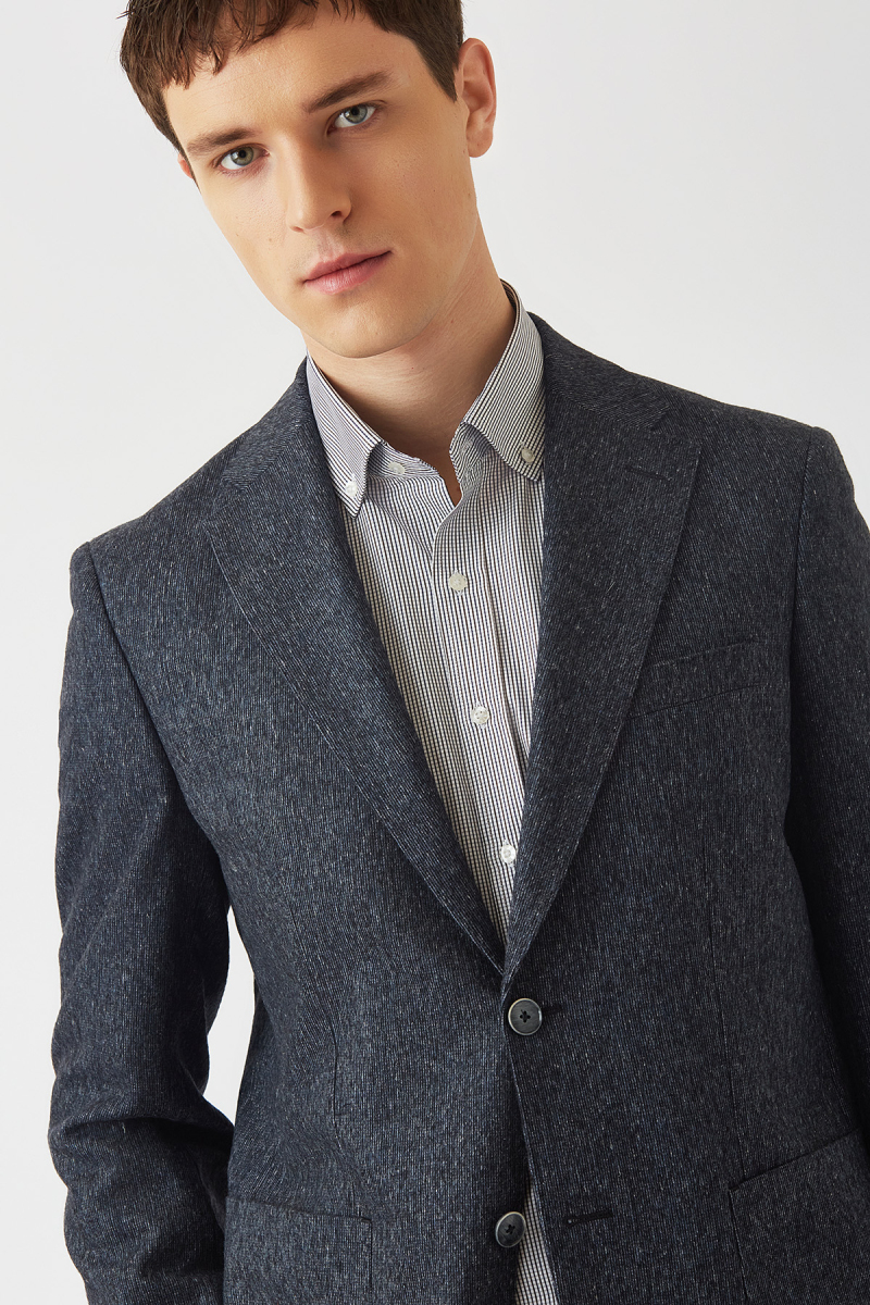 Erkek Modern Fit Mono Yaka 2 Düğmeli Çift Yırtmaçlı Ceket Lacivert - 3