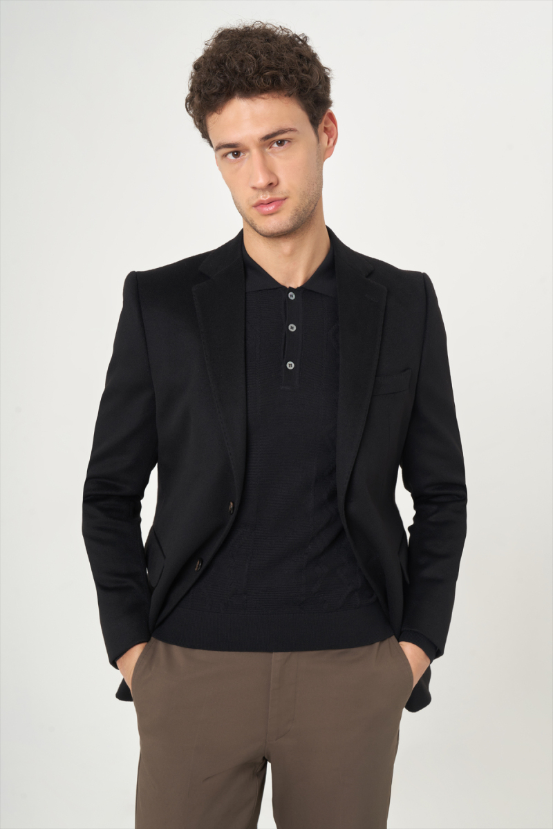 Erkek Modern Fit Mono Yaka 2 Düğmeli Çift Yırtmaçlı Siyah Ceket - 3