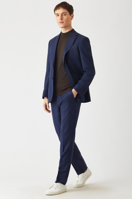 Erkek Mono Yaka 2 Düğmeli Çift Yırtmaçlı Takım Elbise Lacivert - 4