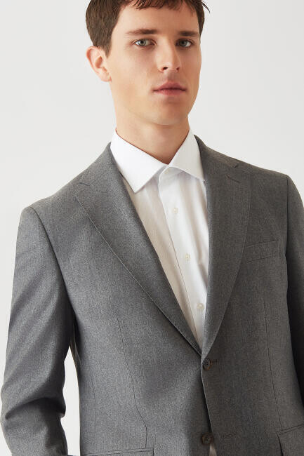 Erkek Mono Yaka 2 Düğmeli Çift Yırtmaçlı Yün Kaşmir Takım Elbise Gri - 4