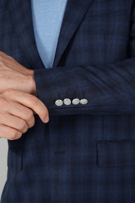 Erkek Mono Yaka 6 Drop Çift Yırtmaçlı Lacivert Yün Ceket - 5