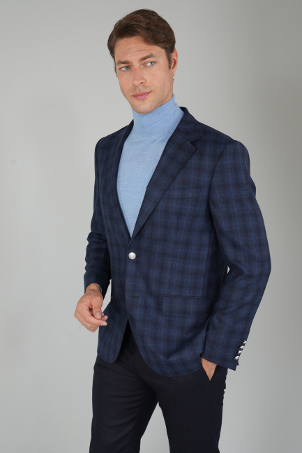 Erkek Mono Yaka 6 Drop Çift Yırtmaçlı Lacivert Yün Ceket - 1