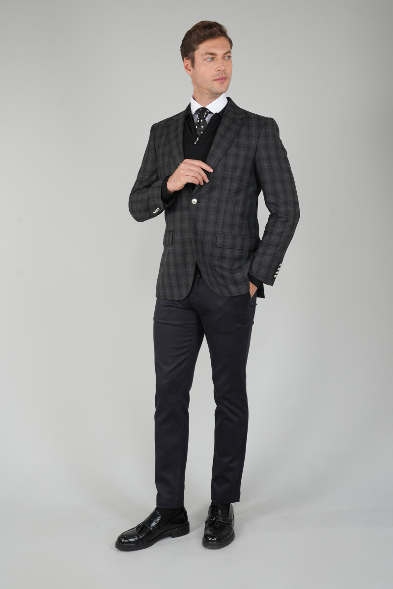 Erkek Mono Yaka 6 Drop Çift Yırtmaçlı Siyah Yün Ceket - 5