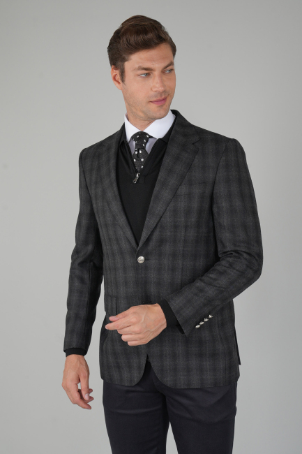 Erkek Mono Yaka 6 Drop Çift Yırtmaçlı Siyah Yün Ceket 