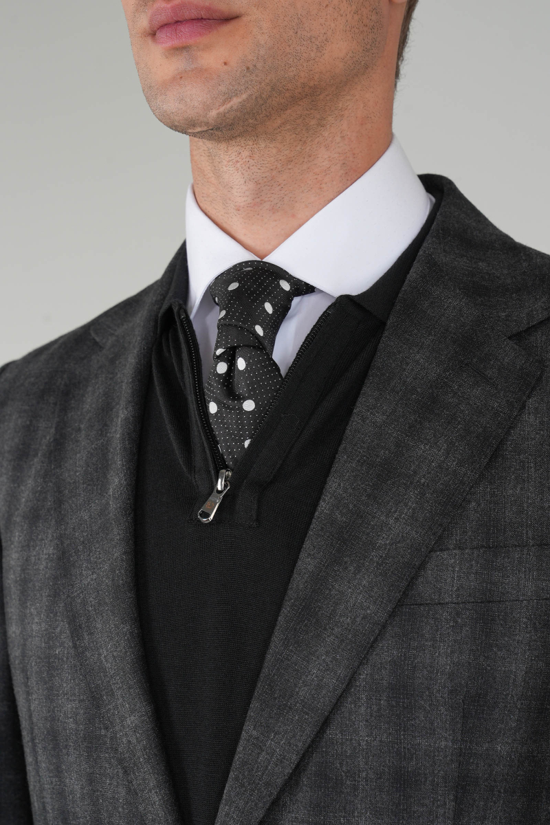 Erkek Mono Yaka 6 Drop Çift Yırtmaçlı Siyah Yün Ceket - 3