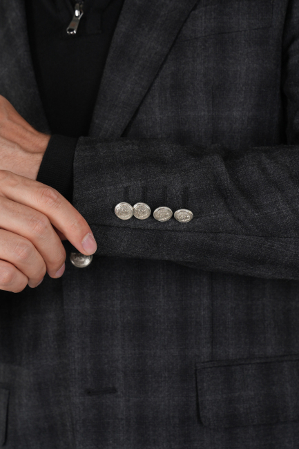 Erkek Mono Yaka 6 Drop Çift Yırtmaçlı Siyah Yün Ceket - 4