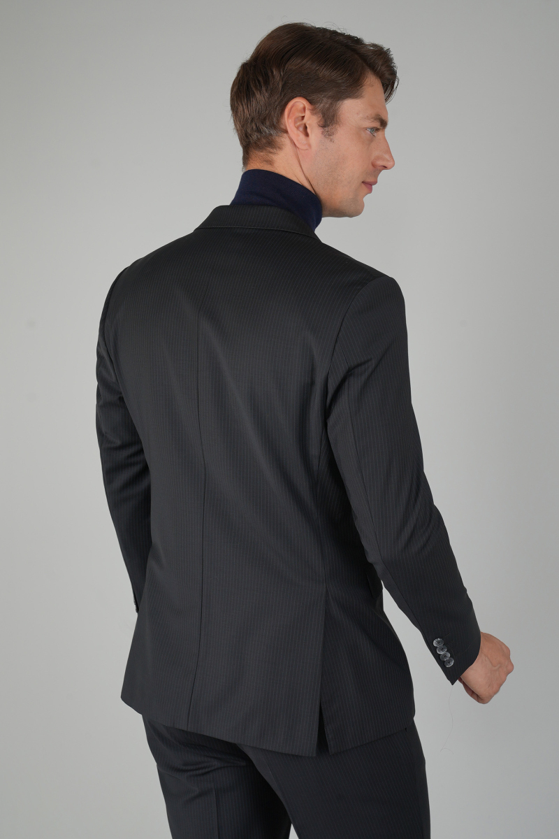 Erkek Mono Yaka Çift Yırtmaçlı 6 Drop Siyah Ceket  - 2