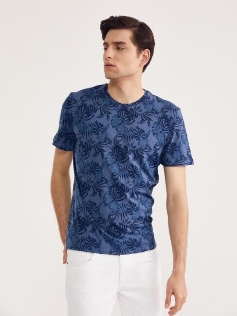 Bisse Men’s O Neck Leaves-Printed T-Shirt TSSL21Y21302 INDIGO. 1