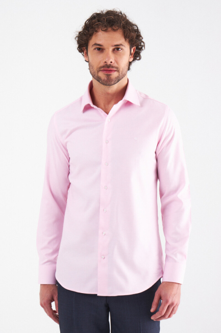 Erkek Pembe Pamuk Slim Fit Klasik Gömlek - 1