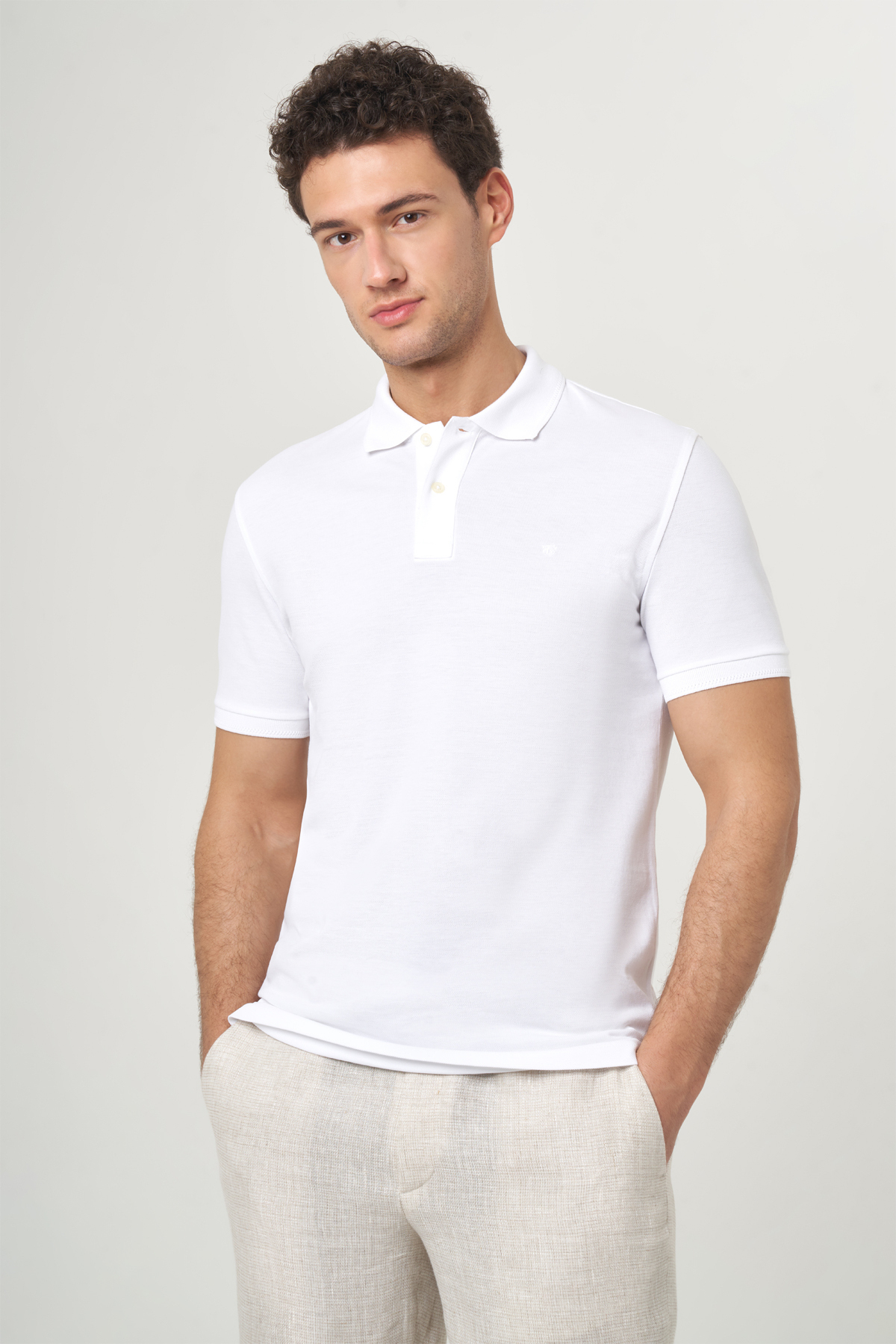 Regular Fit Petek Polo Yaka Basic Beyaz Erkek T-shirt