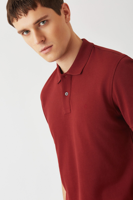 Regular Fit Petek Polo Yaka Basic Bordo Erkek T-Shirt - 3