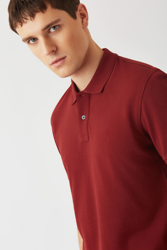 Regular Fit Petek Polo Yaka Basic Bordo Erkek T-Shirt - 3