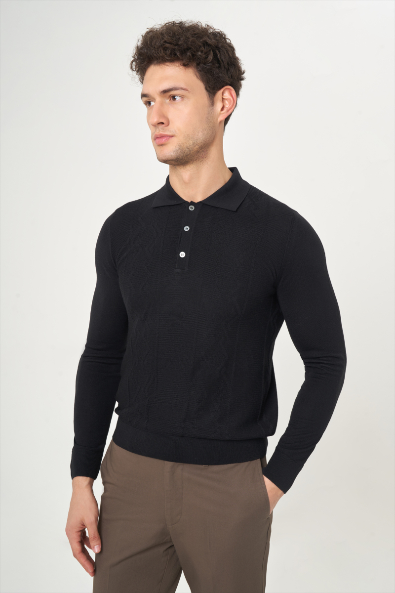 Erkek Polo Yaka Düğmeli Siyah Yün Triko Camel - 1