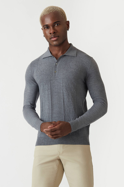 Erkek Polo Yaka Düğmeli Yün Triko Gri 