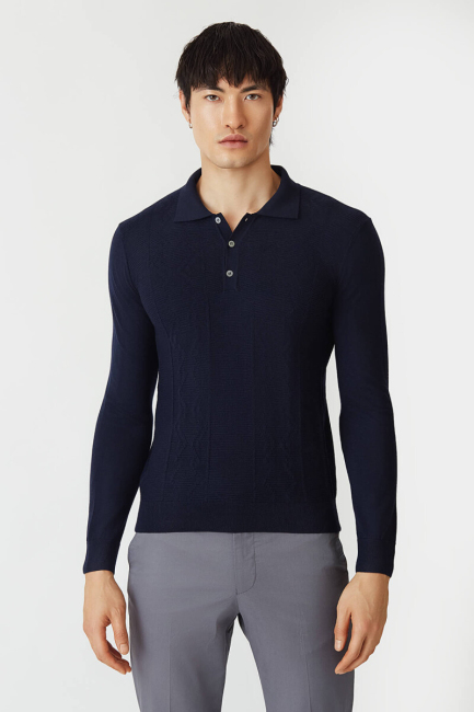 Erkek Polo Yaka Düğmeli Yün Triko Lacivert 
