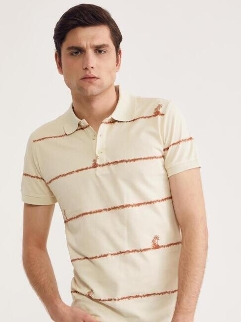 Bisse Erkek Polo Yaka Palmiye Baskılı Pike T-Shirt KREM. 1 Bisse Erkek Polo Yaka Palmiye Baskılı Pike T-Shirt KREM. 1