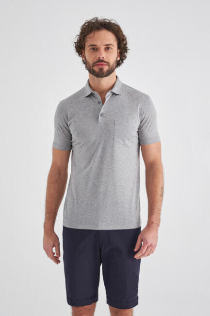 Regular Fit Petek Polo Yaka Basic Gri Erkek T-Shirt - 4