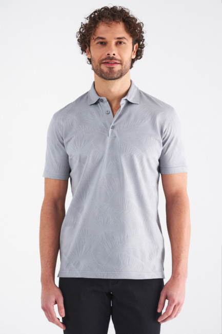 Kendinden Desenli Gömlek Yaka Gri Erkek T-Shirt - 1