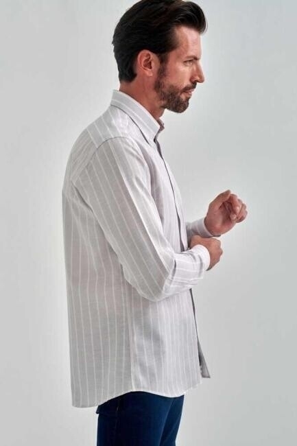 Bisse قميص رياضي رجالي مُخطّط بقَصّة عادية طويل الأكمام رمادي. 4