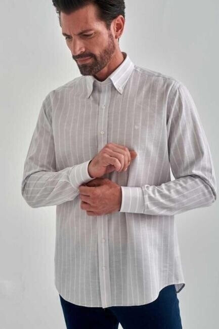 Bisse قميص رياضي رجالي مُخطّط بقَصّة عادية طويل الأكمام رمادي. 6